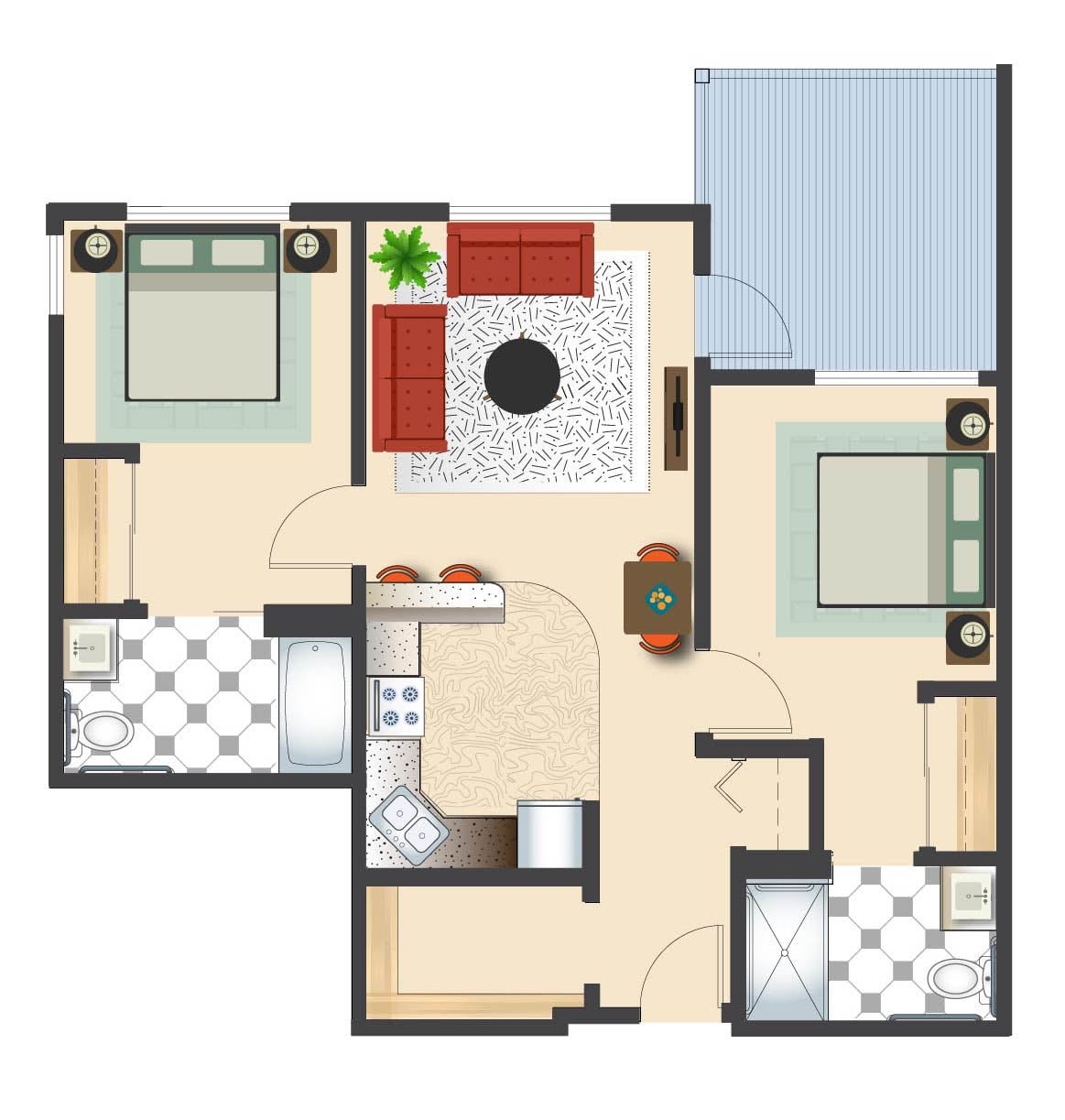 A floor plan of a two-bedroom apartment with a living room, kitchen, and bathroom.