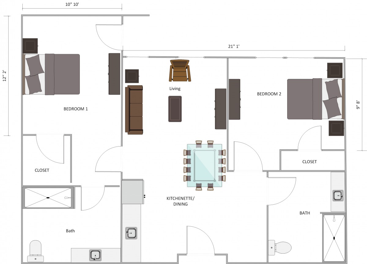 A detailed floor plan of a living space with labeled areas and furniture layout.