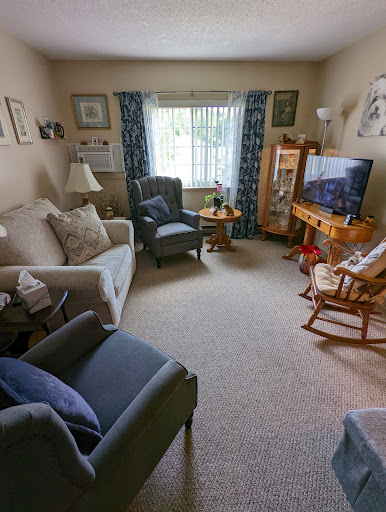 A cozy living room featuring a sofa, chairs, and a television, with natural light filtering through the window.