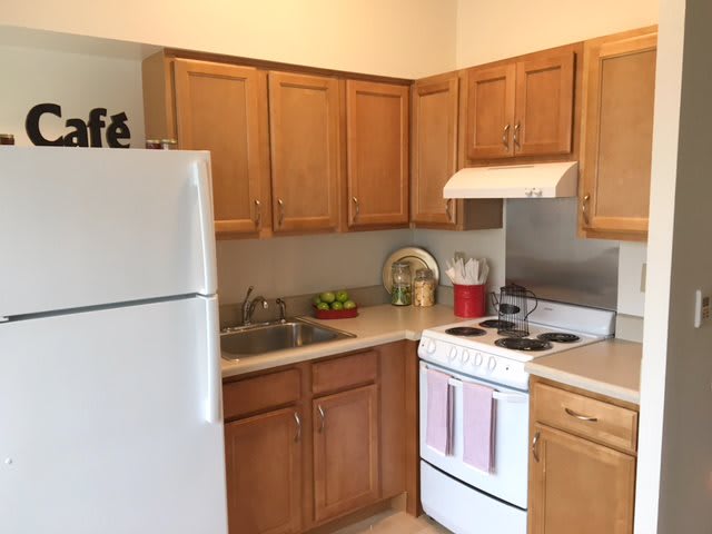 A cozy kitchen with wooden cabinets, a stove, and a refrigerator.