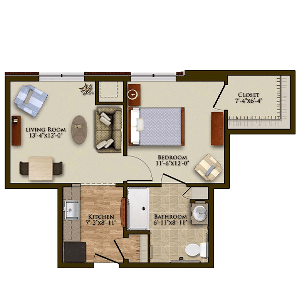 A floor plan of a one-bedroom apartment showcasing the layout including a living room, kitchen, and bathroom.