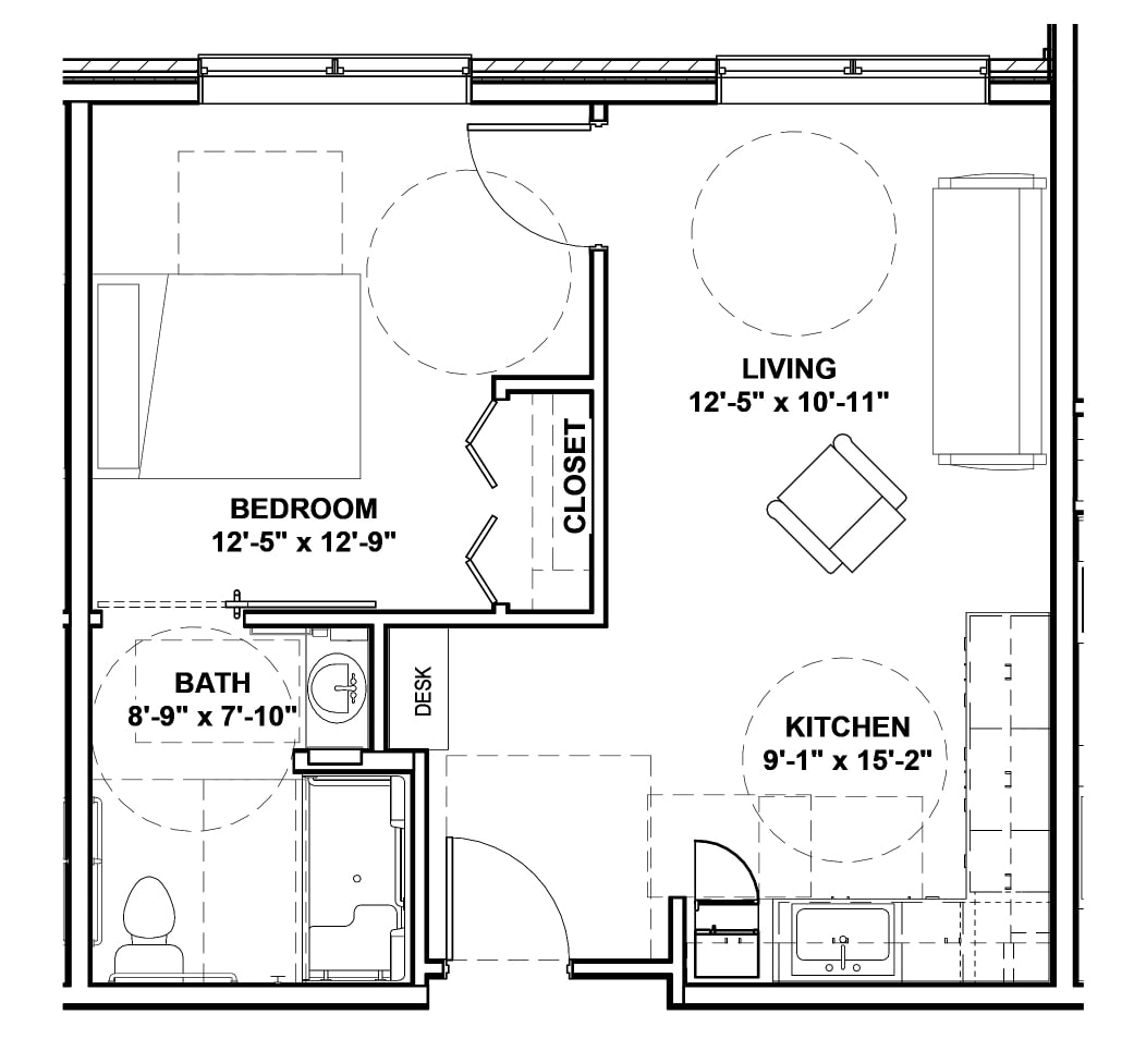 A detailed floor plan of a small apartment, featuring a living room, kitchen, bedroom, and bathroom.