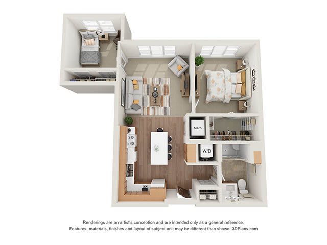 A 3D floor plan of a two-bedroom apartment, featuring a modern kitchen, living area, and two separate bedrooms with ample natural light.