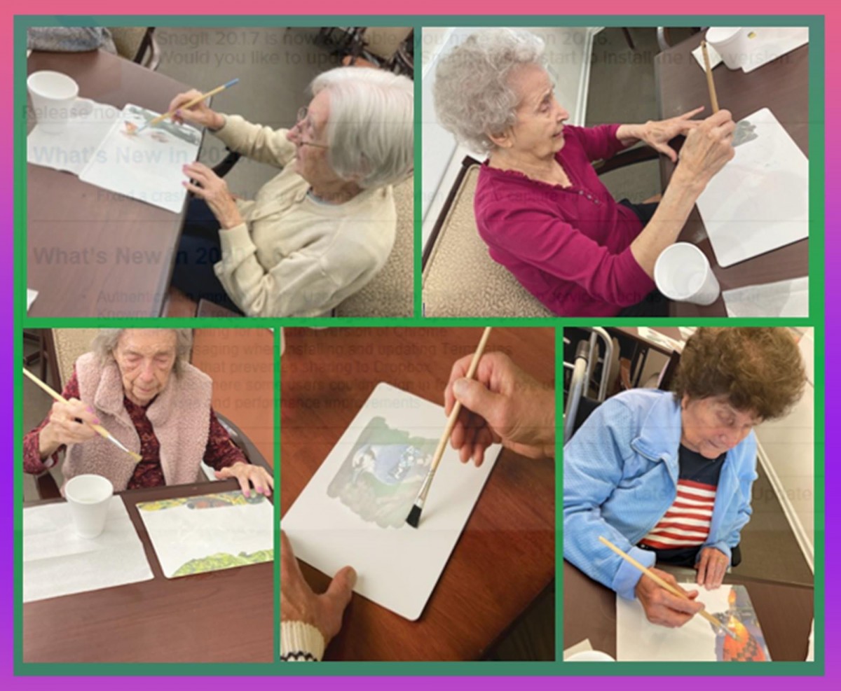 Seniors enjoying a painting activity in a community setting.