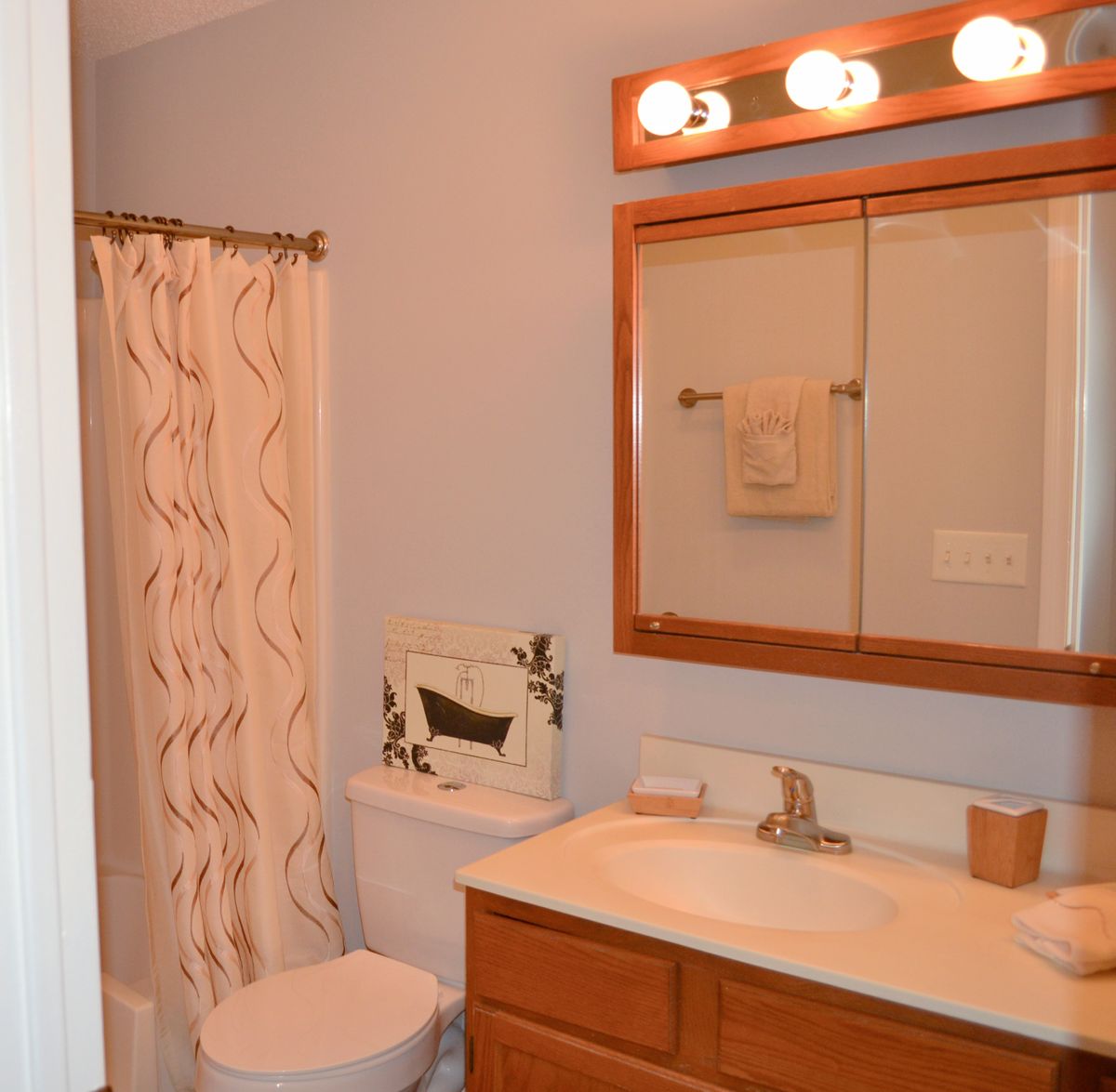 A cozy bathroom with a wooden-framed mirror, sink, and shower curtain.