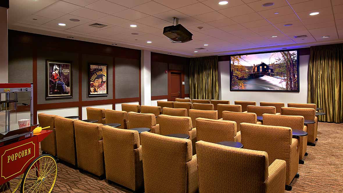 A cozy, carpeted movie theater room with rows of comfortable seating.