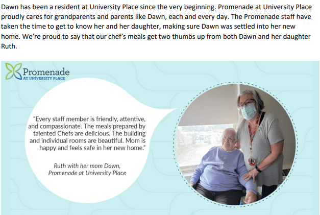 Testimonial from a resident at University Place highlighting the attentive care and delicious meals provided by Promenade staff.