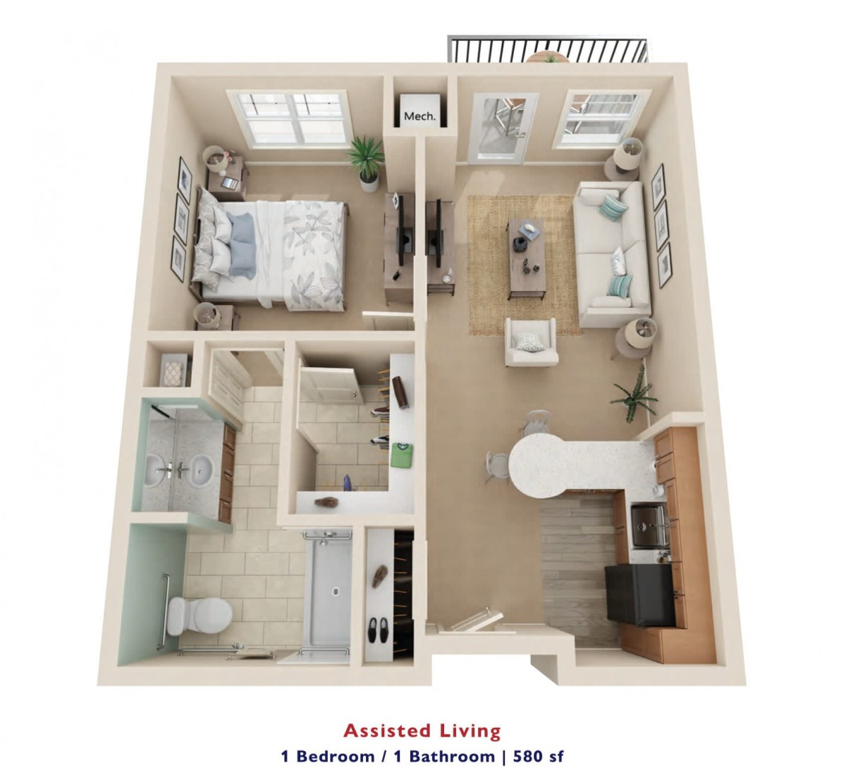 A 3D floor plan of an assisted living apartment featuring one bedroom, one bathroom, a kitchen, and a living room.