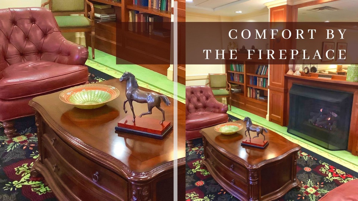 A cozy library interior with comfortable seating and decorative elements.