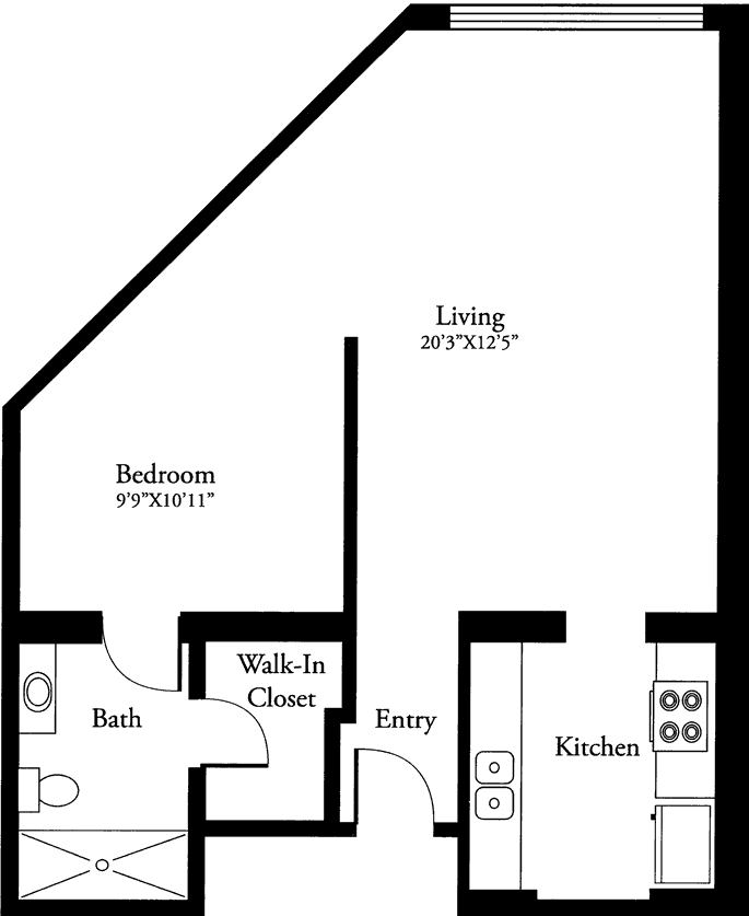 A floor plan of a one-bedroom apartment with designated areas for the living room, kitchen, bathroom, and walk-in closet.