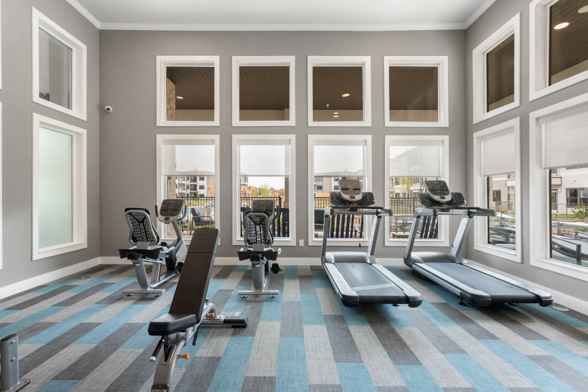 A modern gym with treadmills and exercise bikes lined up near large windows.