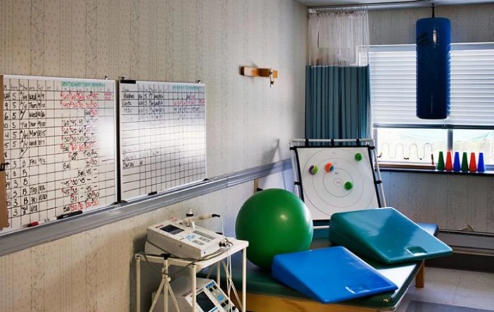A rehabilitation room equipped with therapy equipment including a large exercise ball, mats, and a whiteboard for tracking progress.