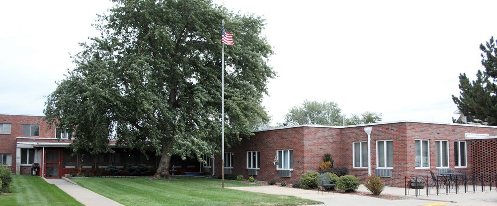 A brick building with an American flag on a flagpole, surrounded by trees and grass.