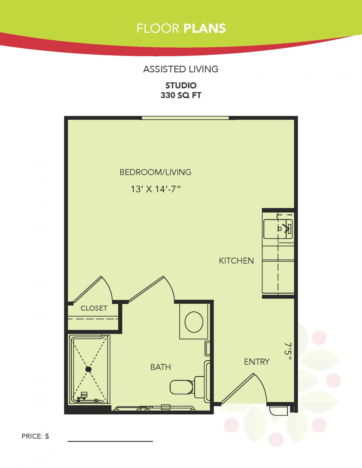 A floor plan of a studio apartment for assisted living, showing the layout including a bathroom and kitchen area.