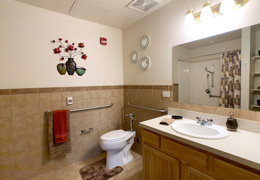 A well-organized bathroom featuring a toilet, sink, and decorative elements.