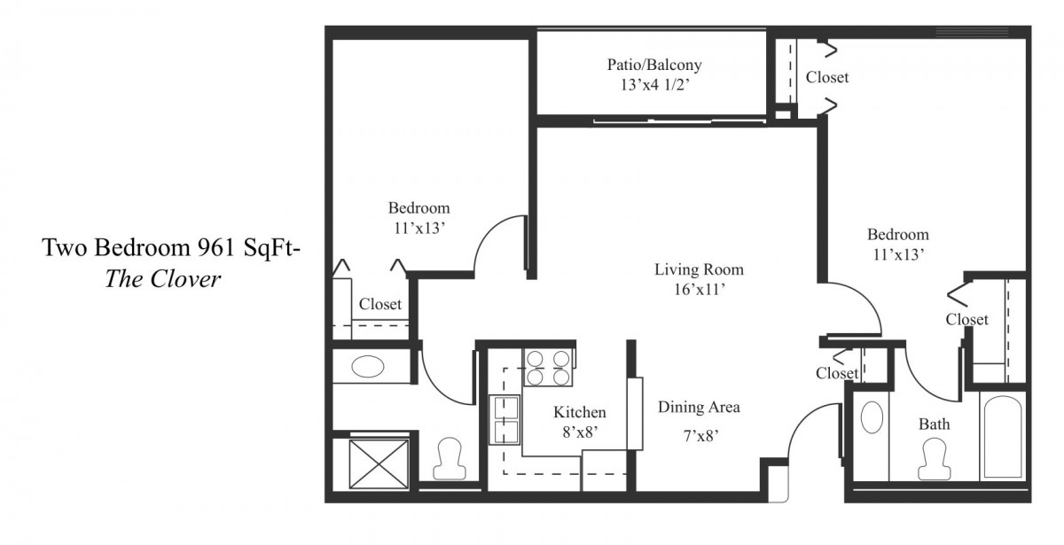 A one-bedroom apartment floor plan, featuring a living room, dining area, kitchen, bedroom with closet, and a patio/balcony.