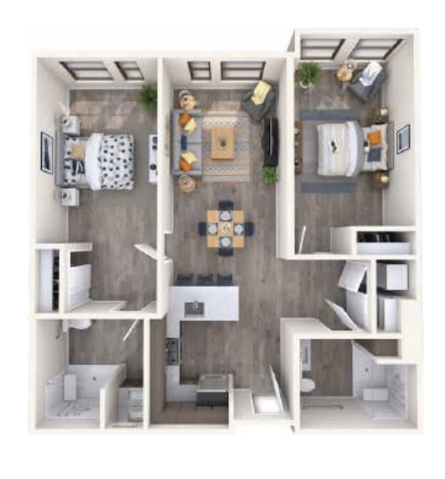 A 3D floor plan of a two-bedroom apartment with a living room, kitchen, and bathroom.