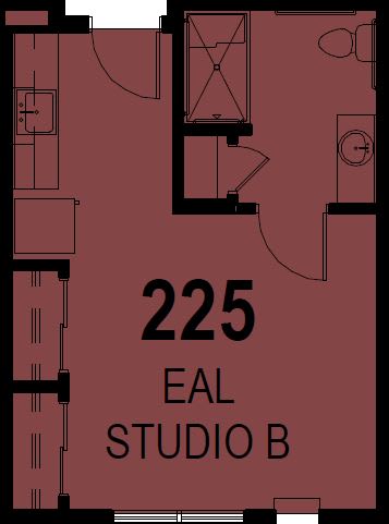 Floor plan detail of EAL Studio B, Room 225.