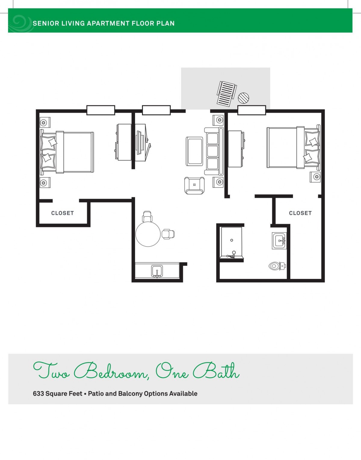 Two-bedroom, one-bathroom apartment floor plan.
