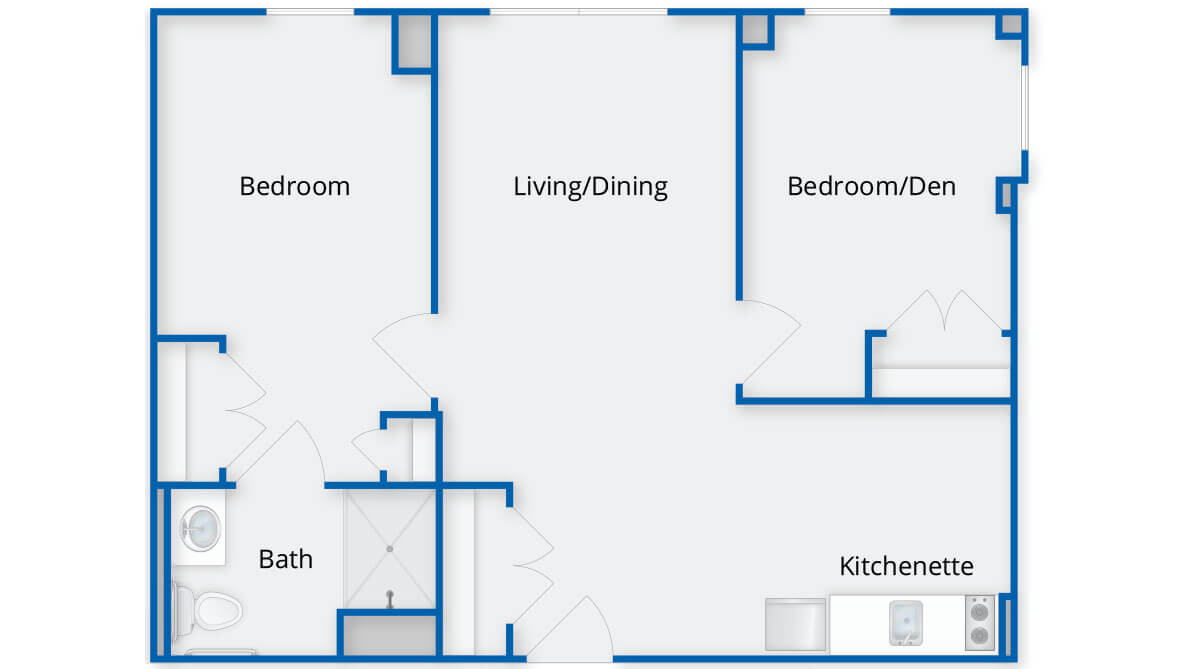 A floor plan displaying the layout of an apartment with labeled rooms including a bedroom, living/dining area, kitchen, and bath.