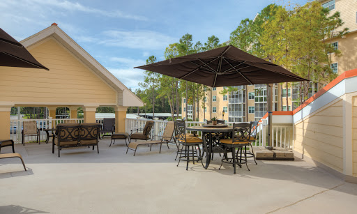 A serene outdoor patio area featuring comfortable seating and shaded spaces, perfect for relaxation amidst nature.