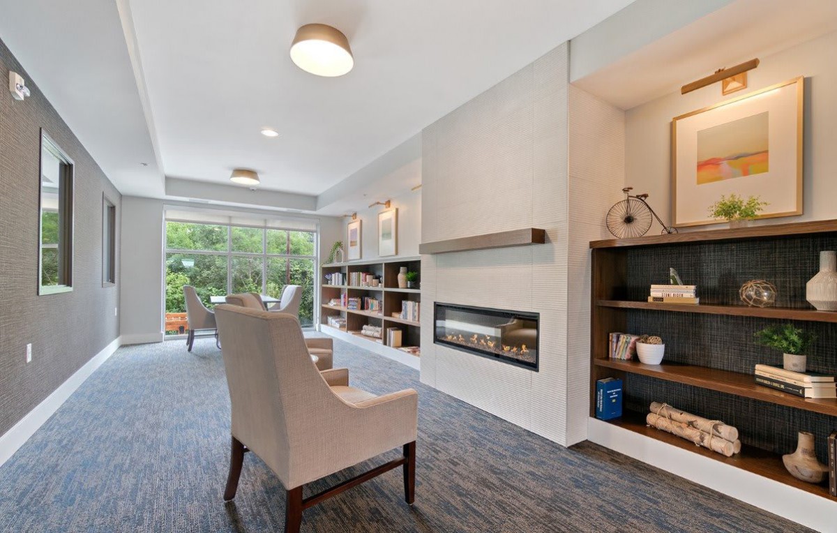 A modern living room with a fireplace, open shelves, and elegant furniture, bathed in natural light from large windows.
