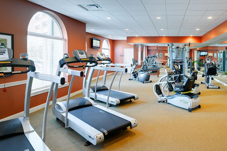A well-equipped gym with treadmills and various exercise machines.