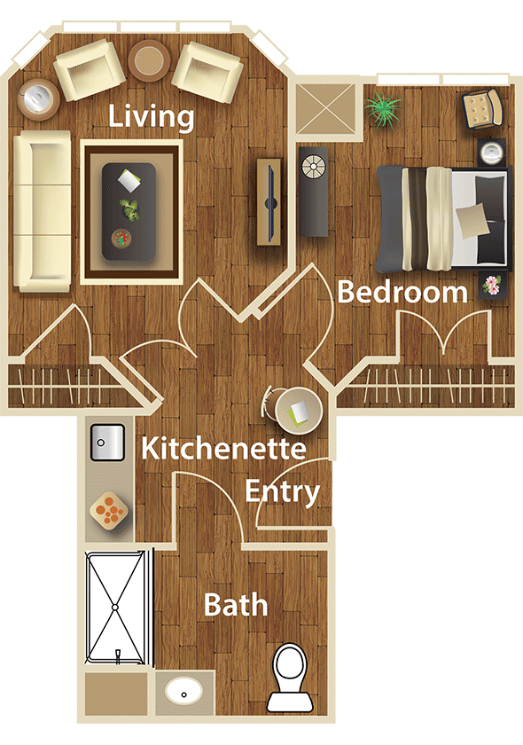 A compact apartment floor plan featuring a living room, bedroom, kitchenette, entryway, and bathroom.