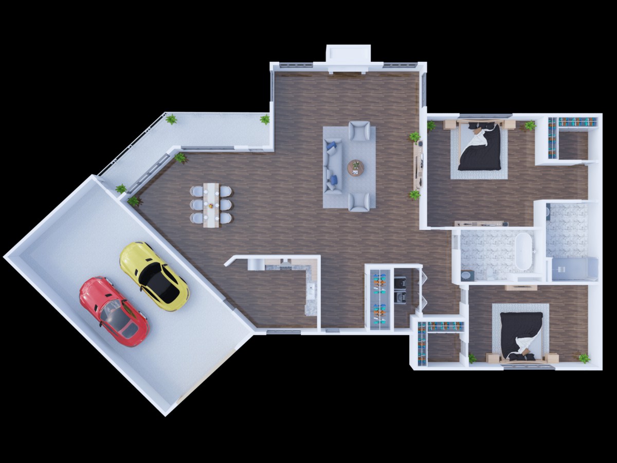 A detailed floor plan of a modern house featuring multiple rooms, an open kitchen area, and a garage with two cars.