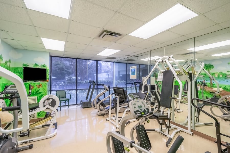 A well-lit gym with a variety of exercise equipment and large windows.