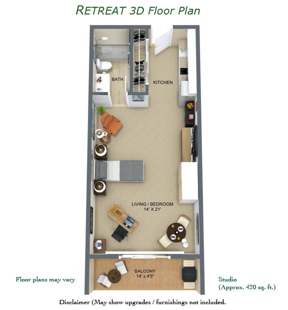 3D floor plan of a studio apartment showcasing furniture layout and room design.