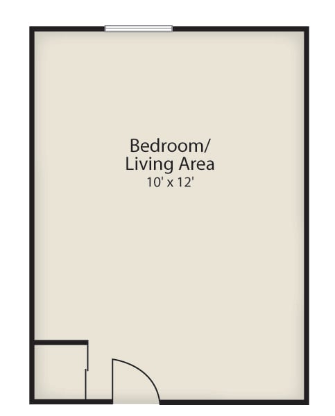 A floor plan of a studio apartment with a bedroom/living area measuring 10 by 12 feet.