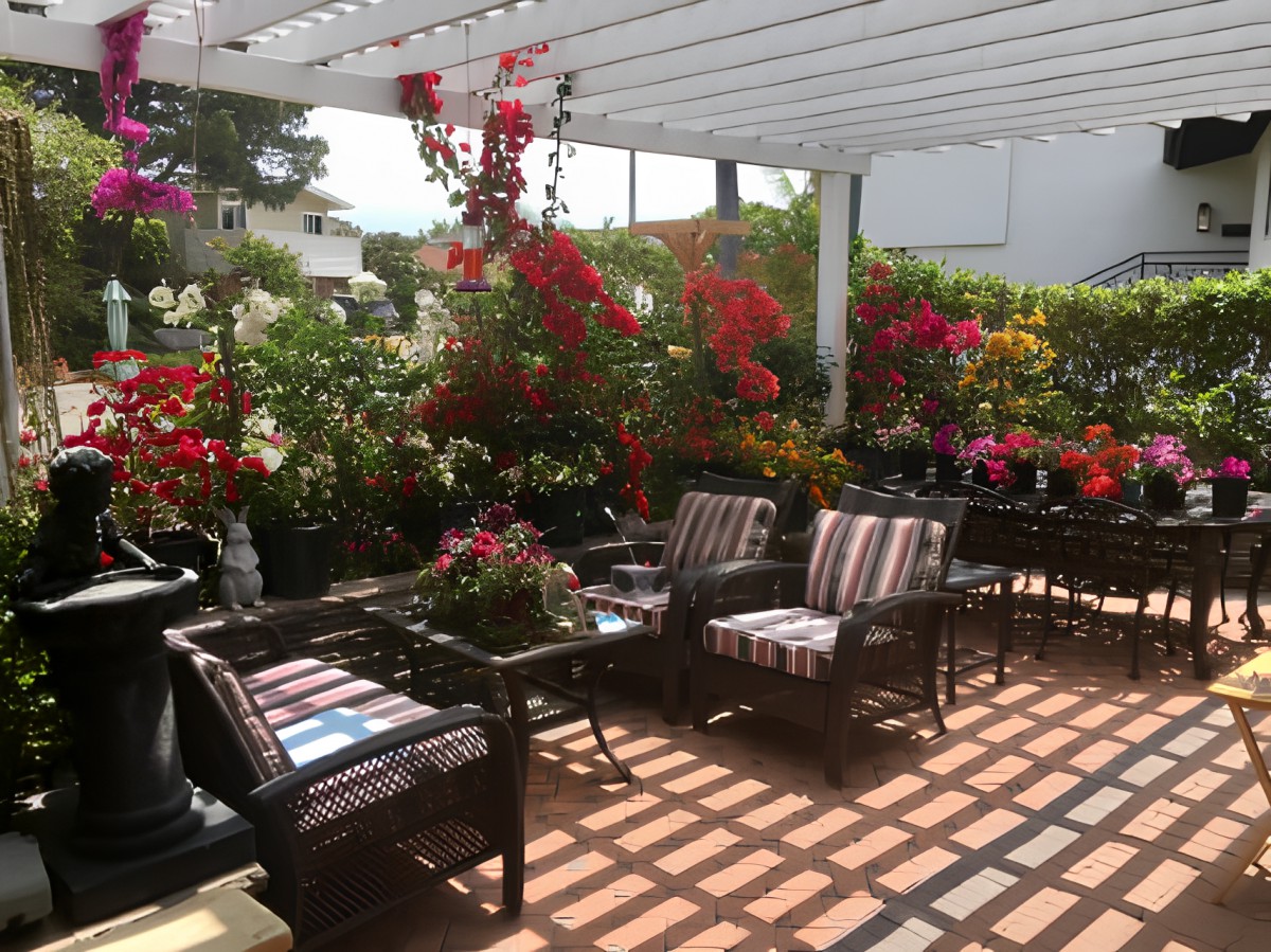 A sunlit patio decorated with vibrant flowers and comfortable outdoor furniture under a white pergola.
