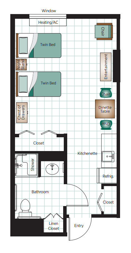 A compact floor plan featuring a twin bed, closet, bathroom, and study area.