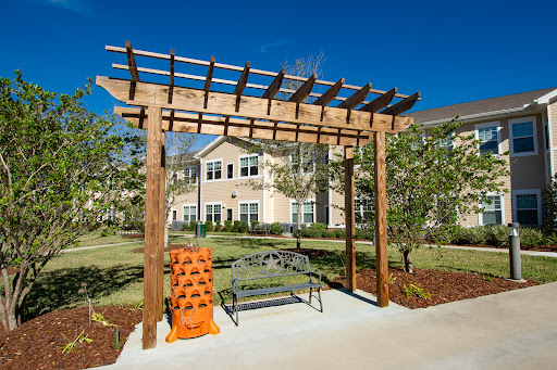 A wooden pergola with a bench set in a landscaped area, enhanced by lush greenery under a clear blue sky.