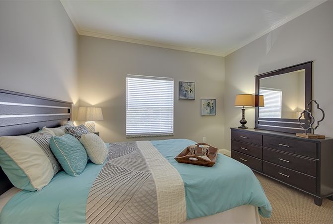 A modern bedroom with stylish decor and comfortable bedding.