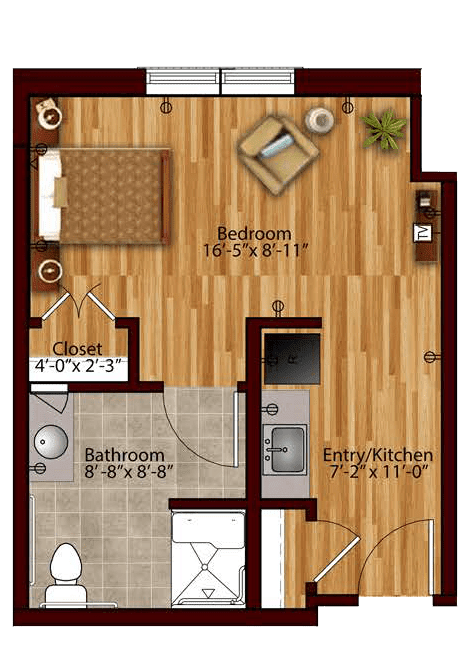 A floor plan of a one-bedroom apartment featuring an entry kitchen and bathroom.
