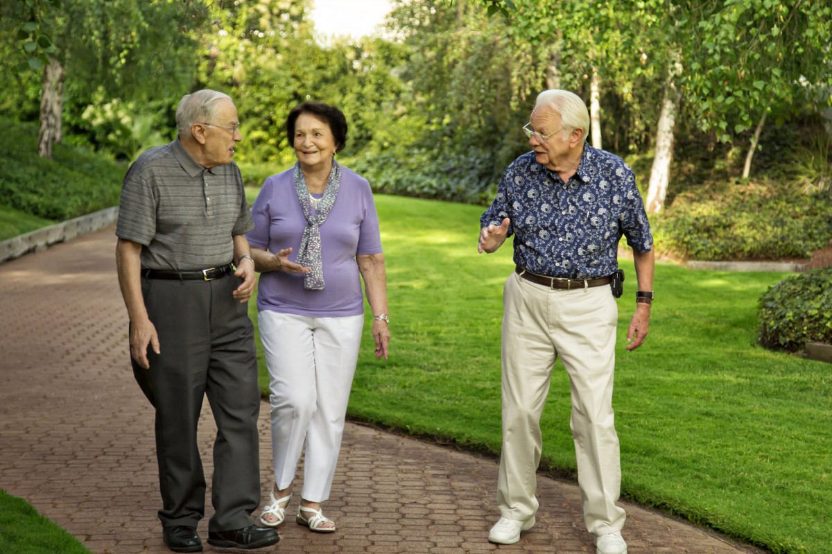 A group of elderly people enjoying a walk in the park on a sunny day.
