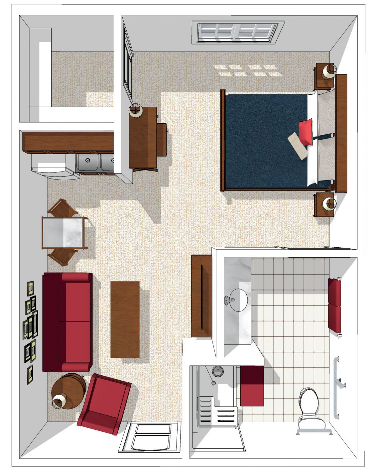 A detailed floor plan of a one-bedroom apartment, featuring a living room, kitchen, and bathroom.