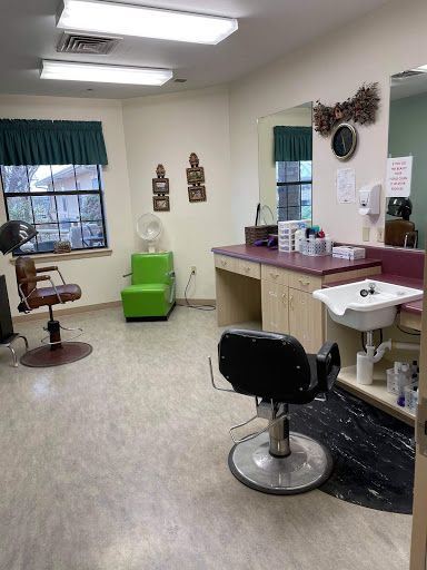 A well-lit and organized salon interior featuring styling chairs, mirrors, and a vibrant green accent chair.