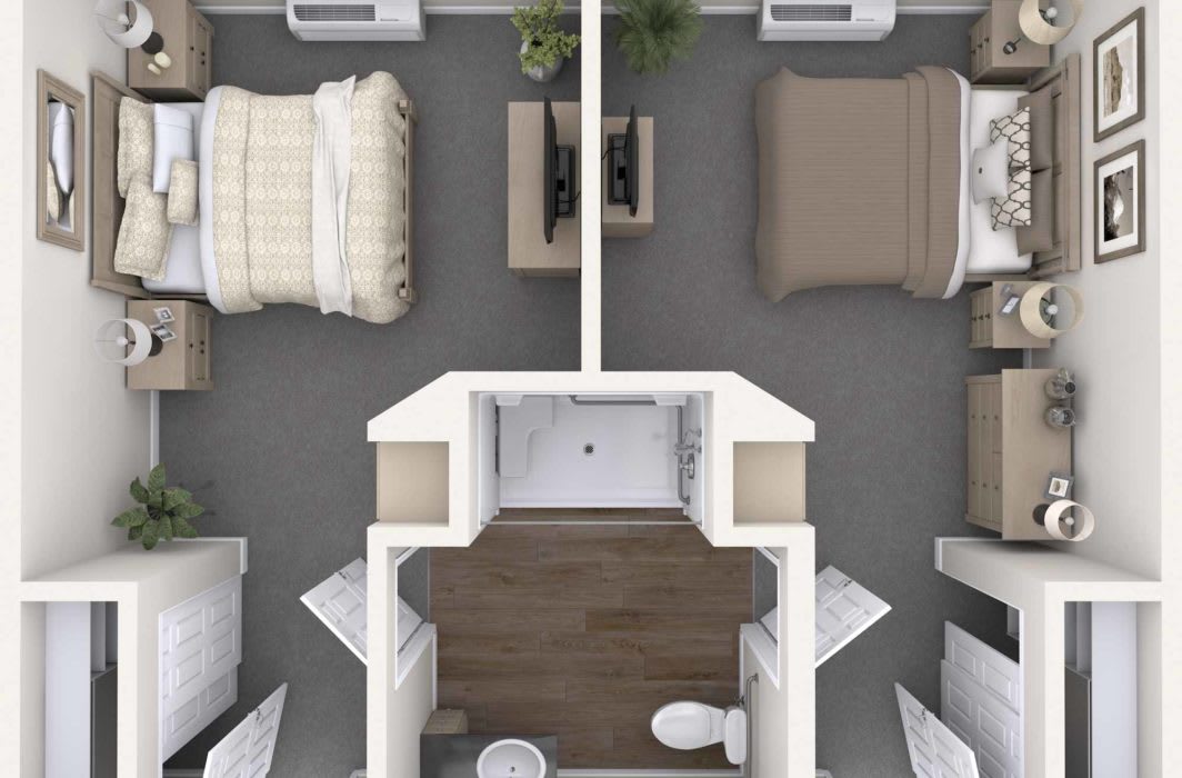 Top view of a floor plan showing two bedrooms and a shared bathroom.