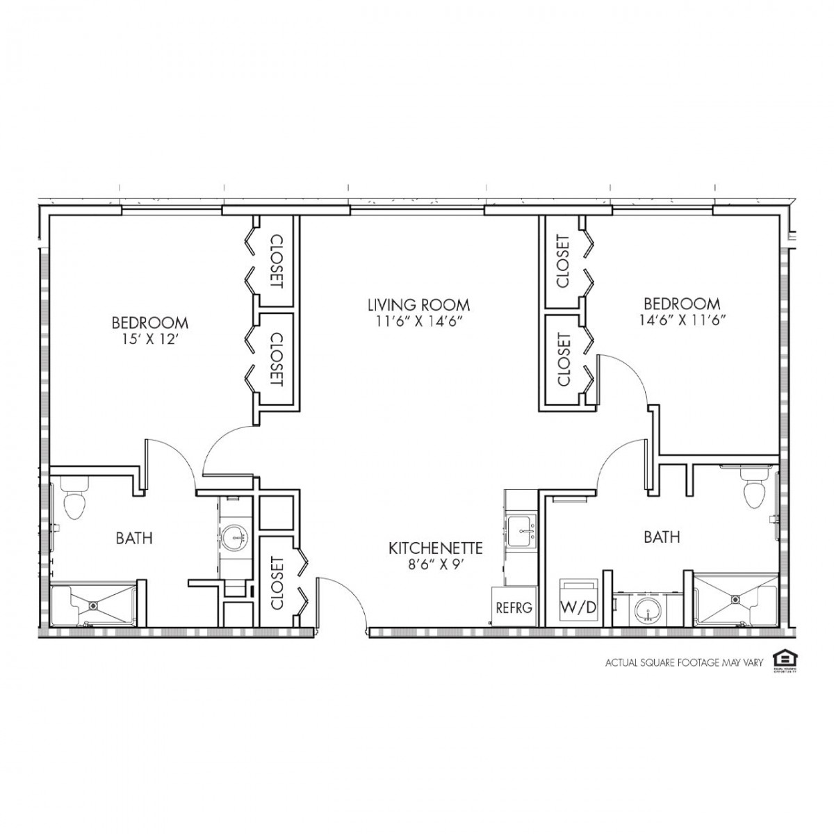 A detailed floor plan of an apartment featuring two bedrooms, a living room, and utility spaces.