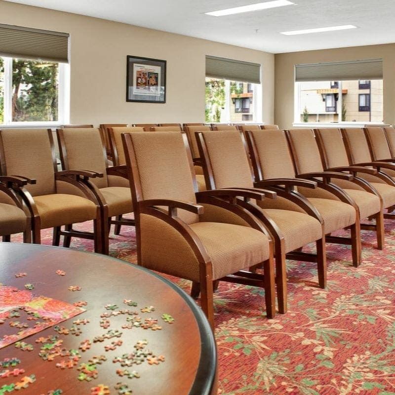A neatly arranged conference room with rows of chairs and decorative carpet.
