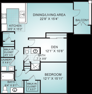 An apartment floor plan featuring a kitchen, dining/living area, balcony, den, bedroom, and two bathrooms.