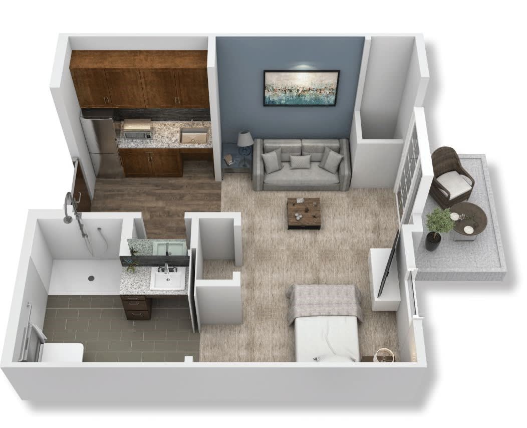 A 3D rendering of a compact apartment floor plan featuring a living room, bedroom, kitchen, and bathroom.