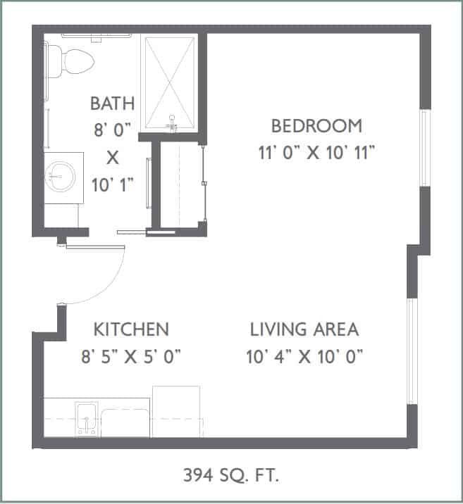 A floor plan of a 394 square foot apartment with a kitchen, living area, bedroom, and bathroom.