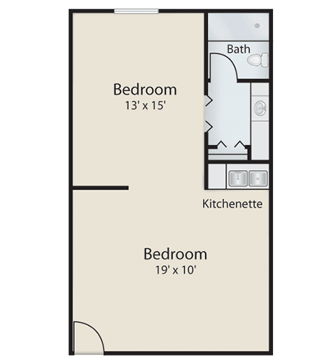 A floor plan illustration showing a two-bedroom apartment with a kitchenette and a bathroom.