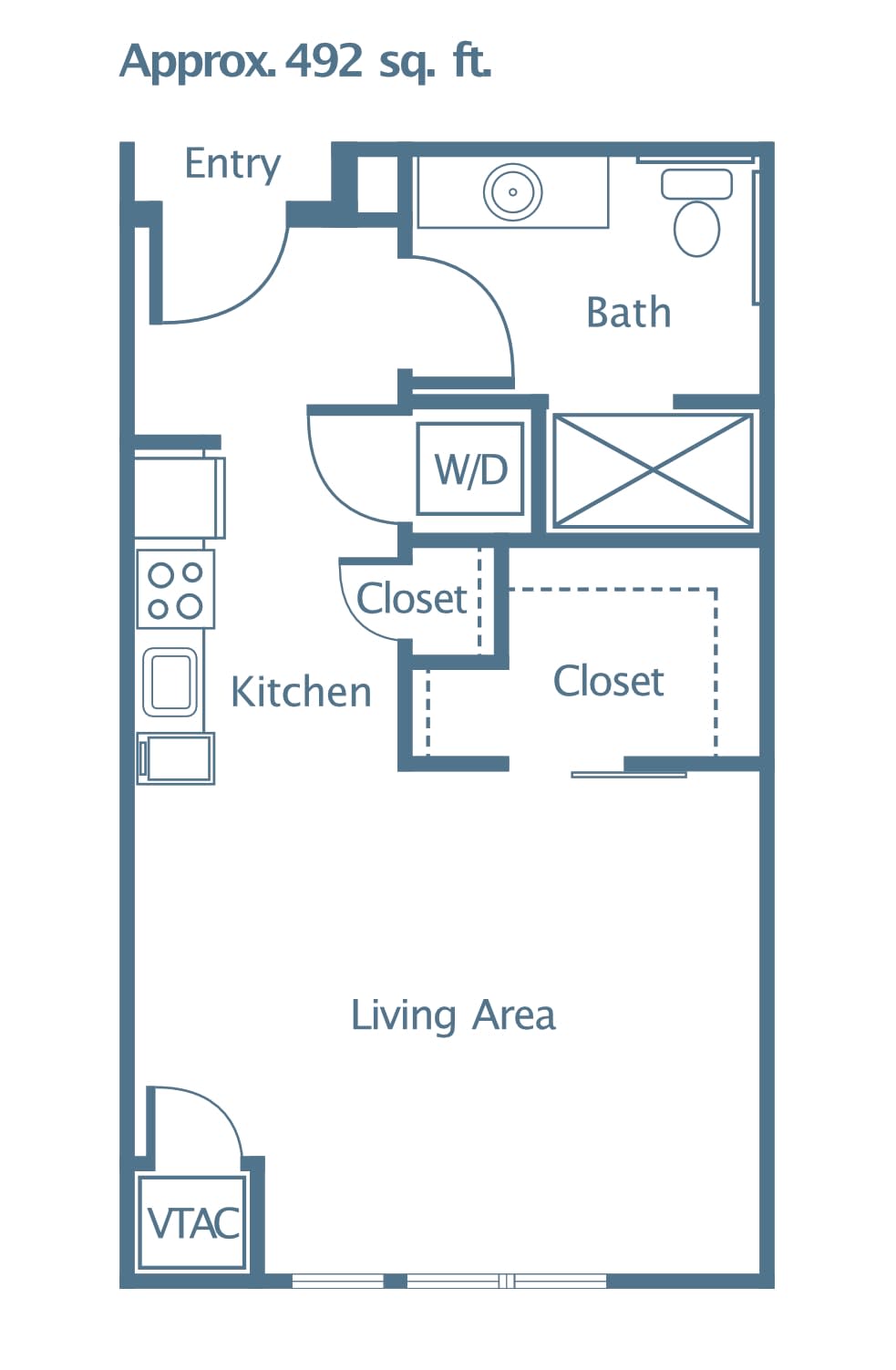 Studio apartment floor plan featuring a kitchen, living area, bath, and closets.