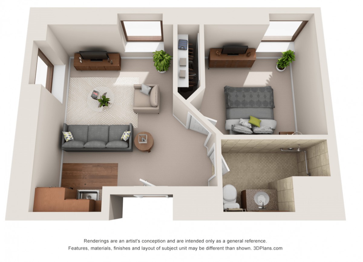 A 3D floor plan of a one-bedroom apartment featuring a living room, bedroom, kitchen, and bathroom.