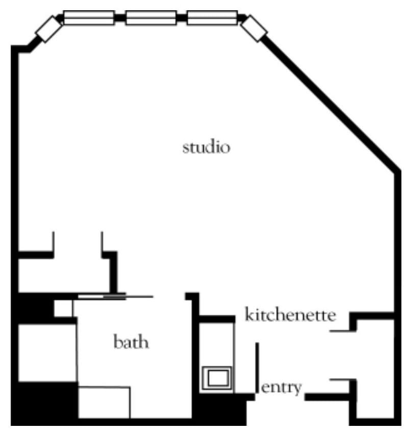 Floor plan of a studio apartment featuring an entry, kitchenette, bath, and open studio space.